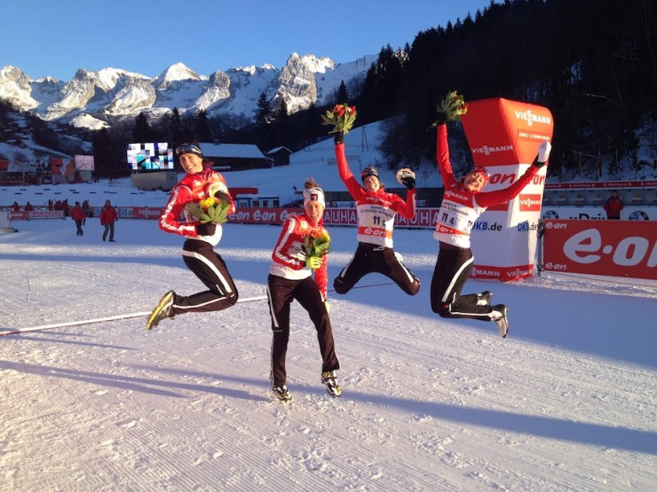 The Canadian women jumping for joy after notching Biathlon Canada's best-ever finish in a relay. (Photo: Biathlon Canada/Matthias Ahrens)