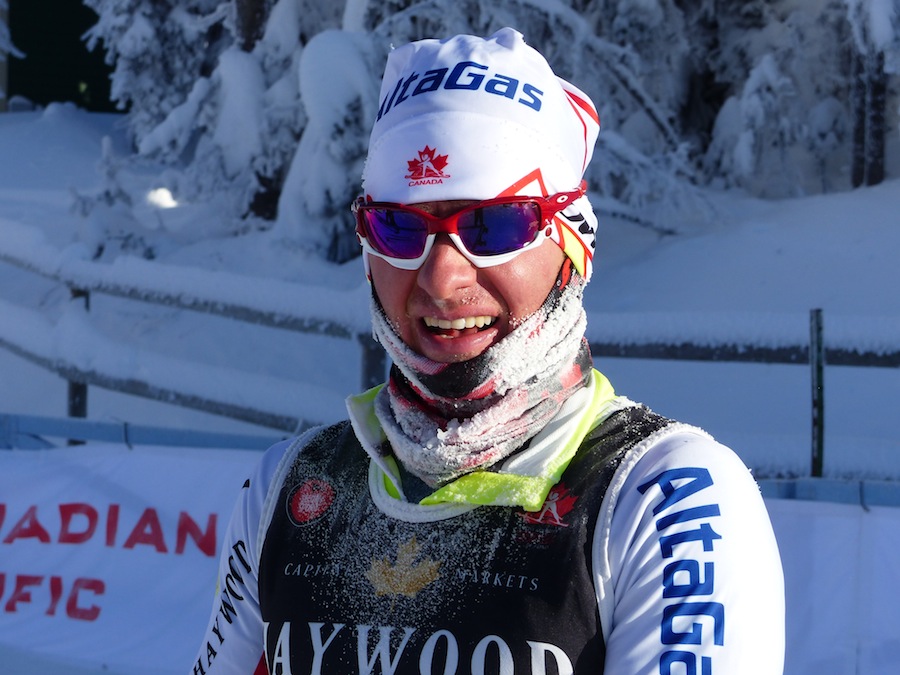 Kevin Sandau (AWCA/NST) after finishing 15 k freestyle at the Sovereign Lake NorAm, which started in temperatures around 18 C on Saturday afternoon.