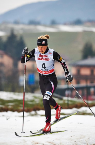 Ida Sargent (U.S. Ski Team) racing to her first top 10 of the season in the 1.25 k classic sprint in Asiago, Italy. (Photo: Fischer/Nordic Focus)