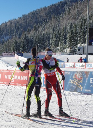 Fourcade and Svendsen shared a hug at the finish line.