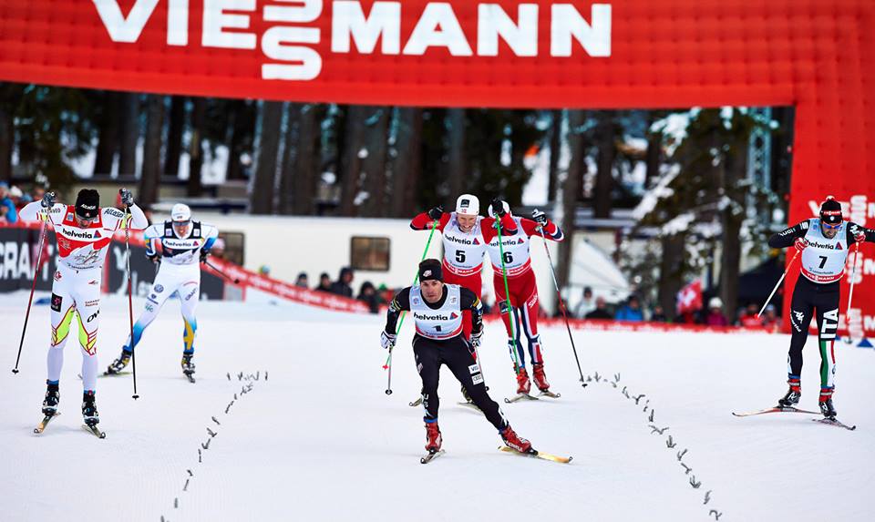Simi Hamilton (c) races toward the finish of the 1.5 k freestyle sprint final at the Tour de Ski Stage 3 in Lenzerheide, Switzerland. Hamilton held off Canada’s Alex Harvey (l) and Norway’s Martin Sundby (5) as well as Italy’s Federico Pellegrino (r) for the win. (Photo: Fischer/Nordic Focus)