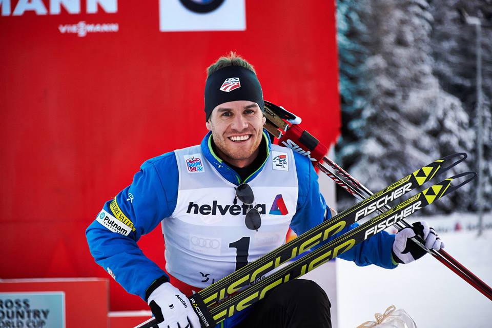 Simi Hamilton (U.S. Ski Team) after becoming the first American man to win a Tour de Ski stage at the third of seven races in the 2013/2014 Tour. Hamilton won the 1.5 k skate sprint in Lenzerheide, Switzerland. (Photo: Fischer/Nordic Focus)