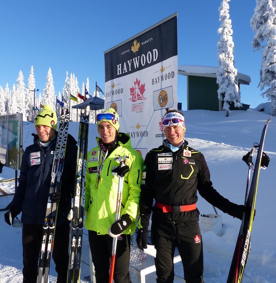 Top three Canadian men in the Sovereign Lake NorAm 15 k freestyle individual start on Saturday: Graham Nishikawa (c) was third overall, Patrick Stewart-Jones (l) placed fourth, and Kevin Sandau was fifth.