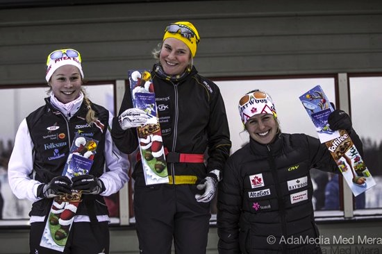 Third in a FIS skate sprint in Idre, Sweden, on Nov. 30, Chandra Crawford (r) celebrates on the podium with Swedish winner Hanna Falk and runner-up Jennie Öberg (l). (Photo: Cross Country Canada)