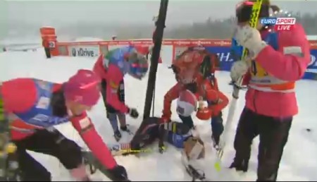 The U.S. women surround Jessie Diggins after she anchored them to third in the Lillehammer World Cup 4 x 5 k relay, tying their best-ever relay result on Sunday. 