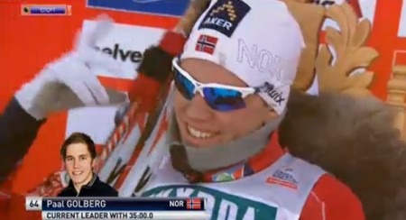 Norway's Pål Golberg smiles while sitting in the leader's chair on Saturday, after watching Russian Alexander Legkov finish 22.2 seconds off his winning time in the 15 k classic individual start at the Lillehammer World Cup.