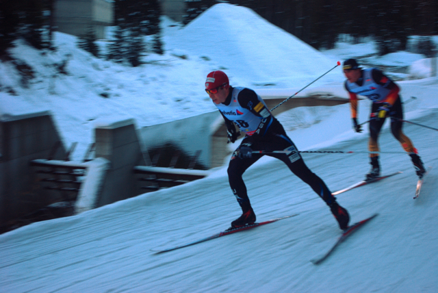 Noah Hoffman (USA) and Thomas Bing (GER) on the first lap of the men's 30 k freestyle in Davos, Switzerland today.