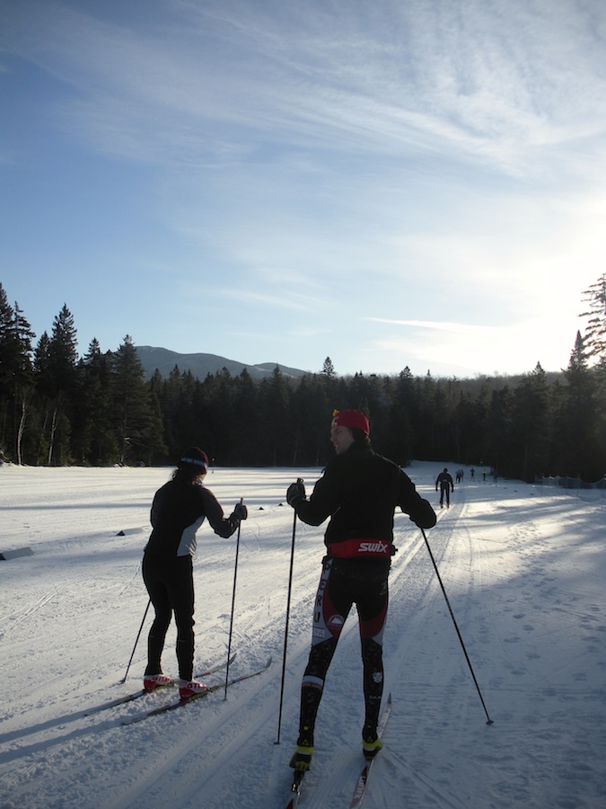Skiers warming up for the 2013 Lake Placid Loppet at Mt. Van Hoevenberg in Lake Placid, N.Y.