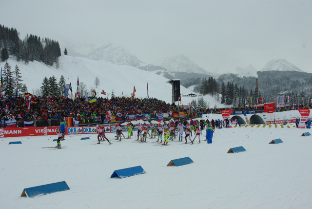 The start of the men's relay in Hochfilzen, Austria, today.