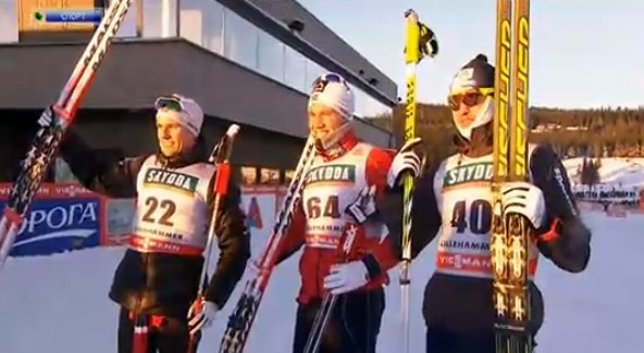 Norway's Pål Golberg (c), shortly after winning his first World Cup in the 15 k classic individual start in Lillehammer, Norway, with teammate Didrik Tønseth (l) and Alexey Poltoranin (KAZ). Poltoranin took second and Tønseth notched his first World Cup podium in third.