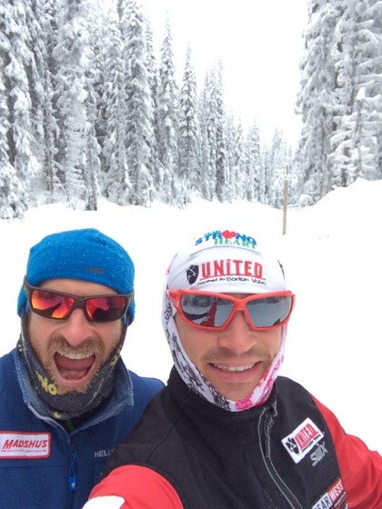 Brian Gregg and Matt Liebsch taking a "selfie" while training on the trails at the Sovereign Lake Nordic Centre in Vernon, B.C., last week. 