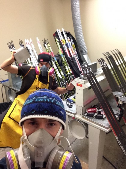 Matt Liebsch and Brian Gregg (back) having "fun" in the wax room getting 20 pairs of race and test skis ready at Sovereign Lake in Vernon, B.C. (Courtesy photo)