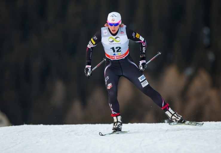 Kikkan Randall racing to second in today's sprint in Davos (Photo: Fisher/Nordic Focus) 