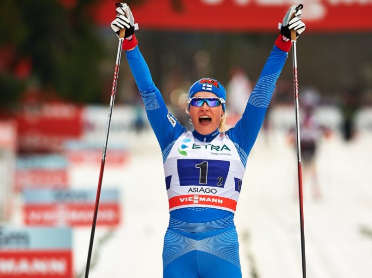 Finland's Anne Kyllönen celebrates another classic team sprint victory on Sunday after she and Aino-Kaisa Saarinen won the World Cup 6 x 1.25 k event in Asiago, Italy, by nearly 10 seconds over Norway. (Photo: Fischer/Nordic Focus)