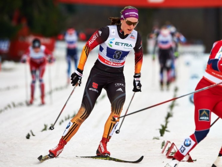 Denise Herrmann anchored Germany I to third, just 0.3 seconds behind the Norwegians in second in the Asiago World Cup classic team sprint. (Photo: Fischer/Nordic Focus)