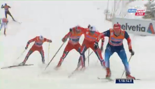 Maxim Vylegzhanin leads Norway's Petter Northug (NOR I), Finn Haagen Krogh (NOR II) and Tord Asle Gjerdalen (NOR III) in the final leg of Sunday's Lillehammer World Cup 4 x 7.5 k relay. Vylegzhanin dropped the Norwegians to give Russia the victory. 