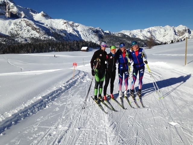 Ida Sargent (second from left) with her Craftsbury Green Racing Project teammates Liz Guiney, Hannah Dreissigacker, and Susan Dunklee on a ski earlier this week. (Photo: Ida Sargent)