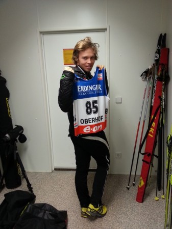 Davies showing off his first World Cup bib. Photo: Roddy Ward.