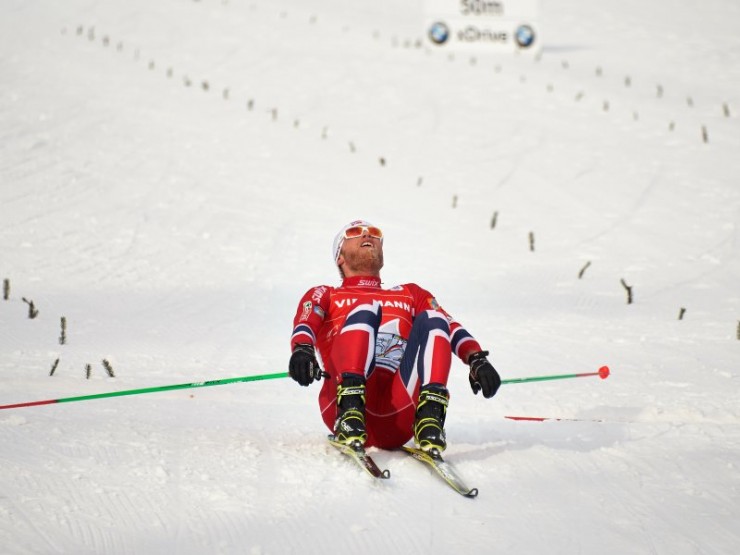 Sundby collapses after crossing the line. Photo: Fischer/NordicFocus