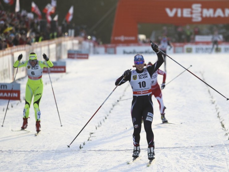 Kikkan Randall (U.S. Ski Team) celebrates her second-straight sprint win in back-to-back World Cup weekends on Saturday in Szlarkska Poreba, Poland. Randall topped Germany's Denise Herrmann for the victory, and Slovenia's Vesna Fabjan was third. (Photo: Fischer/Nordic Focus)