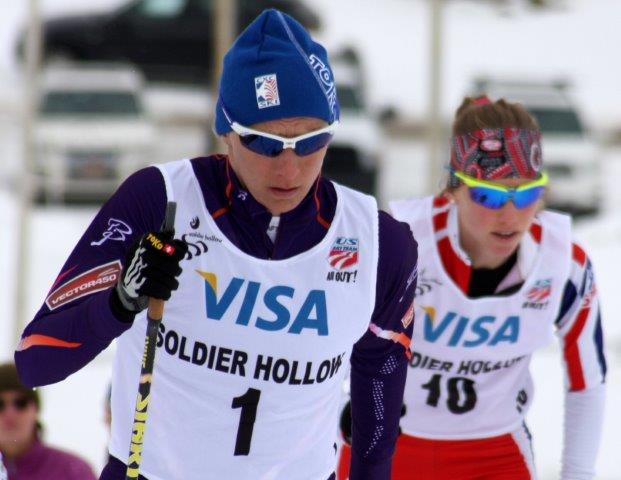 Natalja Naryshkina (1) leads Erika Flowers (SMST2) in the quarterfinals of Friday's 1.5 k classic sprint. Naryshkina went on to win the quarterfinal, semifinal and ultimately the A-final for the overall victory at U.S. nationals at Soldier Hollow.