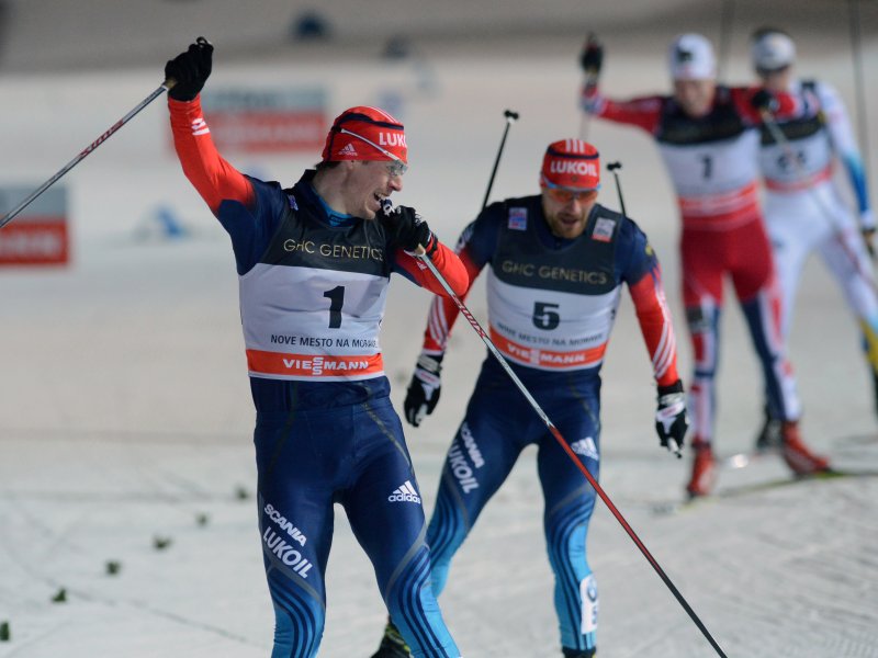 Sergey Ustiugov (RUS) celebrates his sprint victory. Photo: Fischer/NordicFocus