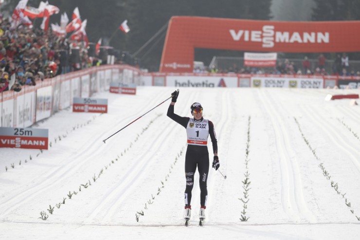 Justyna Kowalczyk celebrates a 42-second victory in Sunday's 10 k classic mass start on her 31st birthday at home in Szklarska Poreba, Poland. (Photo: Fischer/NordicFocus)