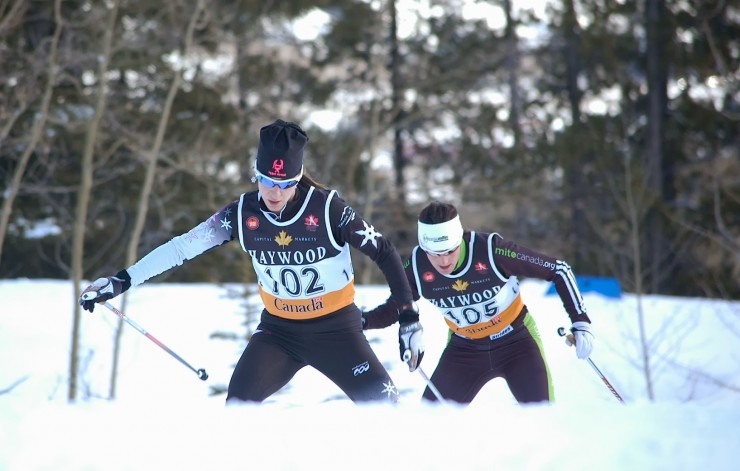 Amanda Ammar (Team Ninja) leads Brittany Webster in the 15 k skiathlon on Jan. 12 at 2014 Canadian Olympic Trials in Canmore, Alberta. (Photo: Angus Cockney)