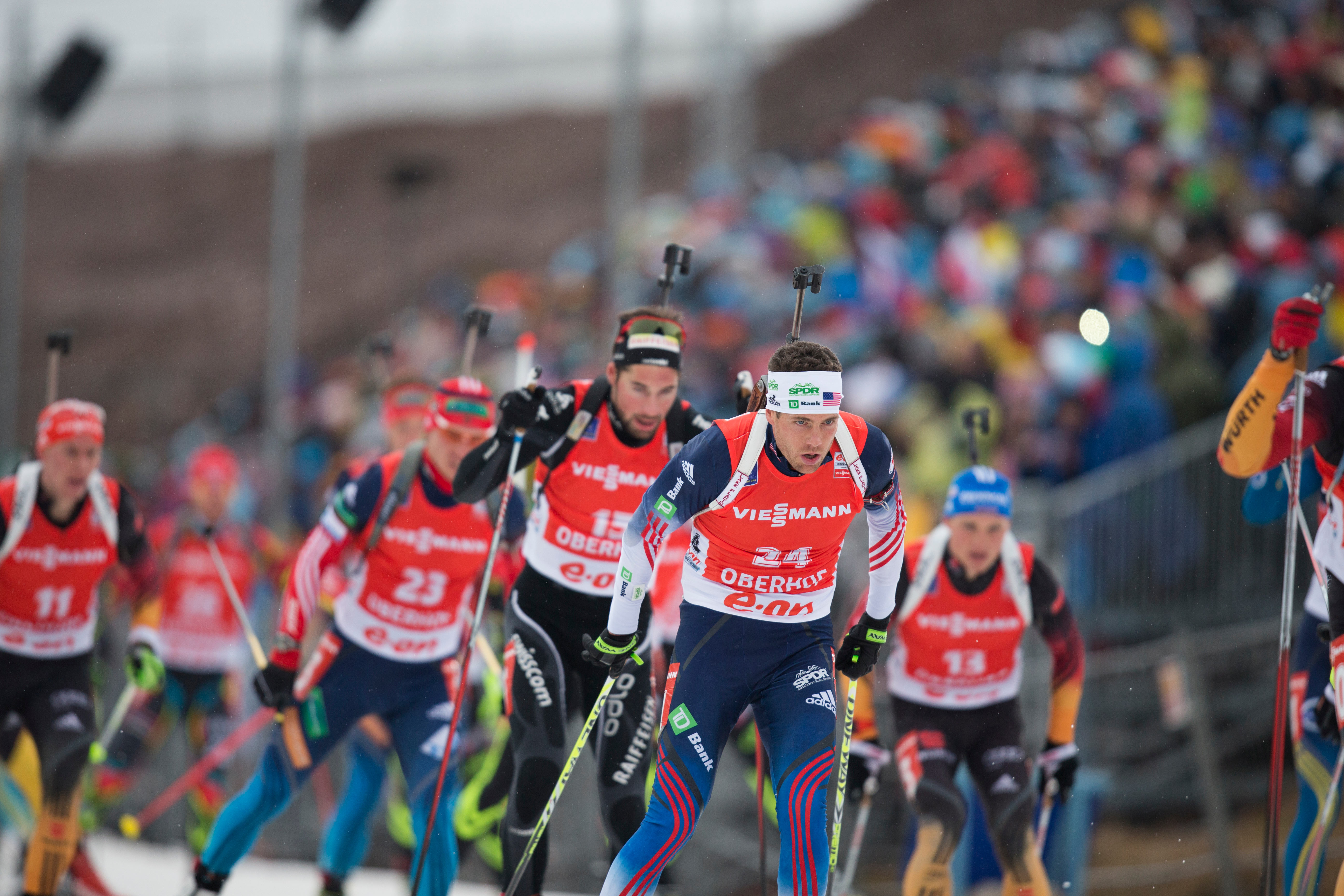 Tim Burke in the thick of things in the Oberhof mass start. Photo: USBA/NordicFocus.com.