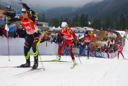 Anais Bescond of France leads a train of competitors in a 2012 World Cup in Ruhpolding, Germany.