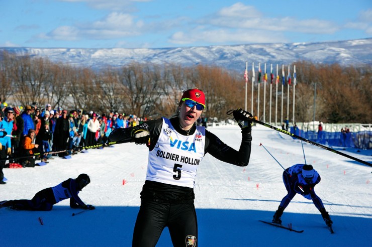Jennie Bender (BSF) celebrates her victory in the freestyle sprint. (Photo: Tom Kelly/USSA)