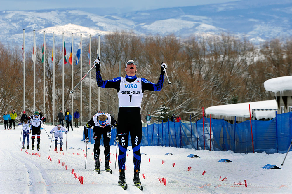 Reese Hanneman (APU) celebrates his win in the classic sprint at the 2014 U.S. Cross Country Championships in Midway, Ut. The win marks Hanneman's first national championship. 