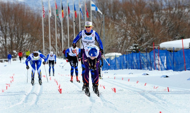 Rosie Brennan (APU) in second stands up just before the finish as Russia's Natalja Naryshkina (CXC) wins the women's classic sprint A-final by 0.3 seconds. (Photo: Tom Kelly/U.S. Ski Team)