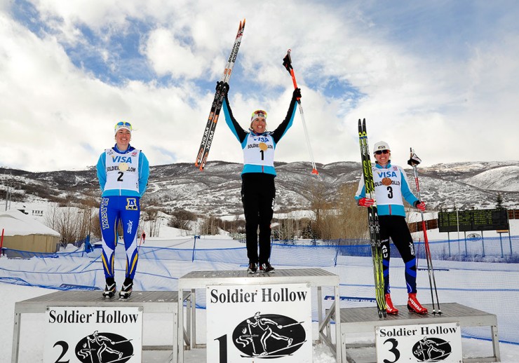 The U.S. women's classic sprint podium with Rosie Brennan (APU) as the top American (second overall), Nichole Bathe of the University of Alaska-Fairbanks (l) in second, and Becca Rorabaugh (APU) in third. (Photo: Tom Kelly/U.S. Ski Team)