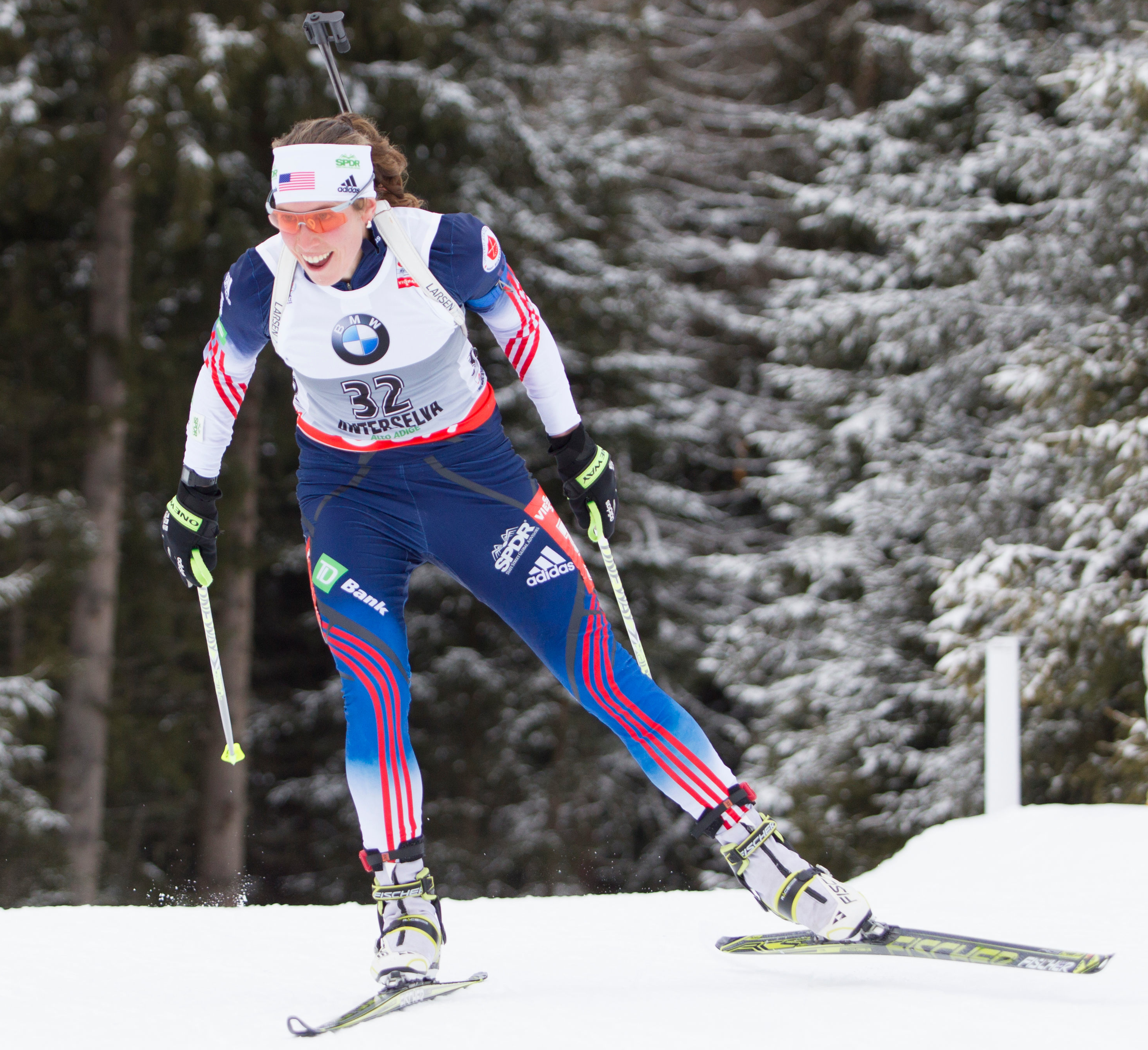 Susan Dunklee of the US Biathlon skied her way to a career best fourth place in Thursday's 7.5 k sprint in Antholz, Italy. (Photo: US Biathlon/Nordic focus) 