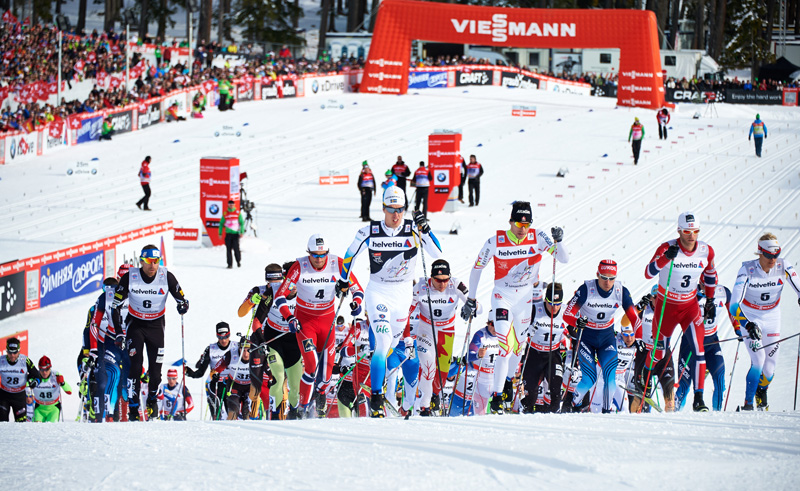Sweden's Calle Halfvarsson and Canada's Alex Harvey lead the men's 15 k mass start early in the fourth stage of the Tour de Ski on Wednesday in Lenzerheide, Switzerland. (Photo: Fischer/Nordic Focus) 