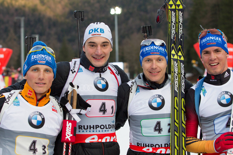 The German team gathers after the World Cup relay in Ruhpolding, Germany: Eric Lesser (GER), Christoph Stephan (GER), Andreas Birnbacher  (GER), Simon Schempp (GER). Photo: Fischer / Nordic Focus.