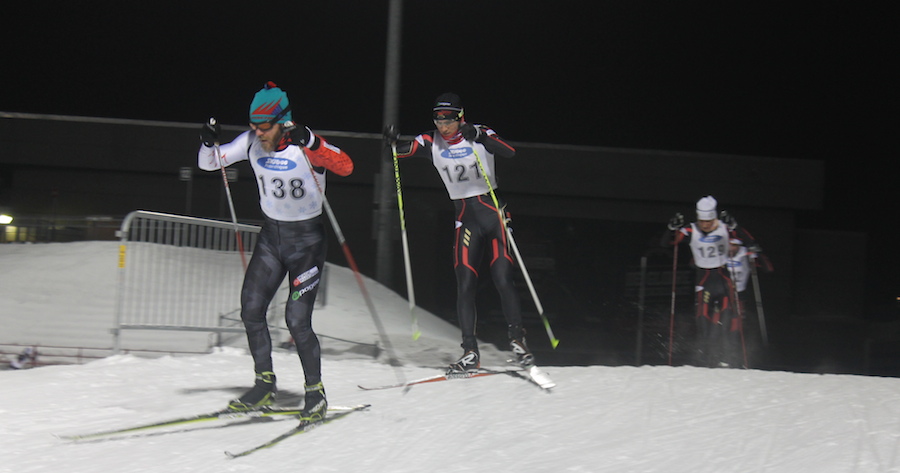 Marc-André Bédard leads David Grégoire in the first-ever Sprint Rouge et Or on Jan. 28 at Laval University's football stadium. Grégoire went on to win the lap-by-lap elimination sprint, in which skiers rounded a 400-metre course designed by Pierre Harvey and tried to stay in the top six.