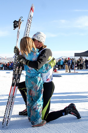 Todd Lodwick and his 8-year-old daughter embrace after Lodwick won the Gold Cup U.S. Olympic trials on Dec. 28 in Park City, Utah, to qualify for his sixth Olympics -- unprecedented among U.S. Winter Olympians.  (Photo: Sarah Brunson/U.S. Ski Team)