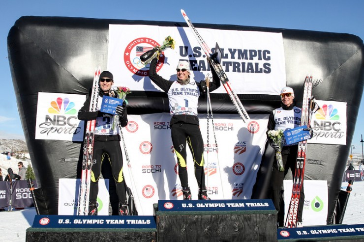 (From left to right) The 2014 U.S. Nordic Combined Olympic Team Trials podium on Dec. 28 in Park City, Utah, with runner-up Bryan Fletcher, winner Todd Lodwick and Billy Demong in third. (Photo: Sarah Brunson/U.S. Ski Team)