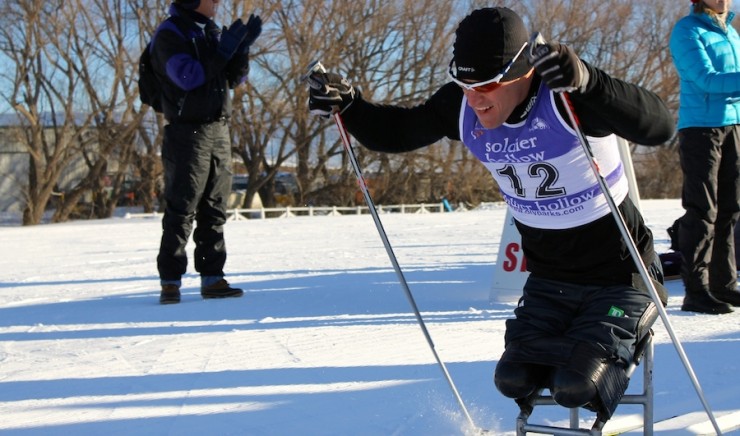 Lt. Dan Cnossen on his way to winning Tuesday's 10 k sit-ski at 2014 U.S. Paralympics Nordic Skiing Nationals at Soldier Hollow in Midway, Utah.