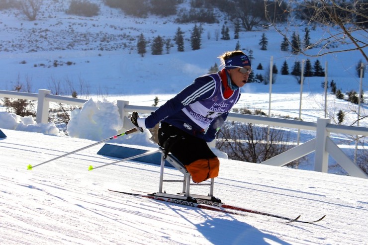 Oksana Masters en route to winning Tuesday's 5 k sit-ski at 2014 U.S. Paralympics Nordic Skiing Nationals at Soldier Hollow in Midway, Utah.