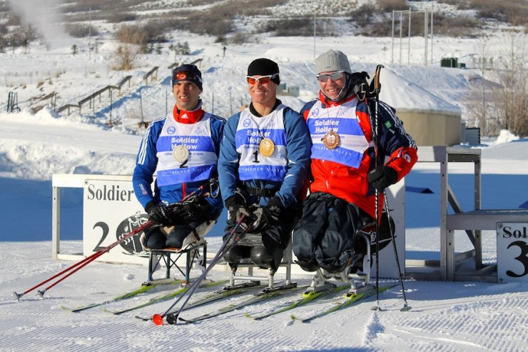 Men's 10 k sit-ski podium at 2014 U.S. Paralympics Nordic Nationals on Tuesday, with winner Dan Cnosson (c), who won three out of four events this week, Andy Soule (l) in second, and Sean Halsted (r) in third.