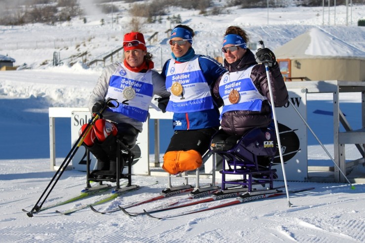 Women's 5 k sit-ski podium at 2014 U.S. Paralympics Nordic Nationals, with winner Oksana Masters (c), who won three of four events this week, Monica Bascio (l) in second, and Tatyana McFadden (r) in third.