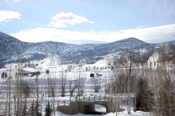 Snowmakers have blow much of the snow used on tomorrows course, and can be seen in the distance. 