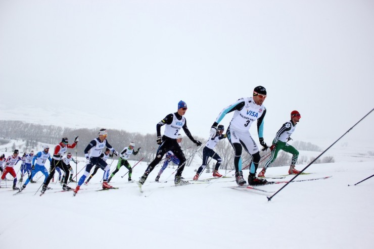 Brian Gregg of Team Gregg/Madshus (second from r) holding his own in the main pack up Hermod's for the first of six times on the men's 30 k freestyle mass start at U.S. nationals at Soldier Hollow.
