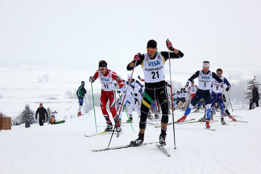 Lukas Ebner (21) leads Mats Resaland of the University of New Mexico (11) and Kris Freeman (1) up Hermod's on the third of six laps in the 30 k freestyle mass start at U.S. nationals at Soldier Hollow.