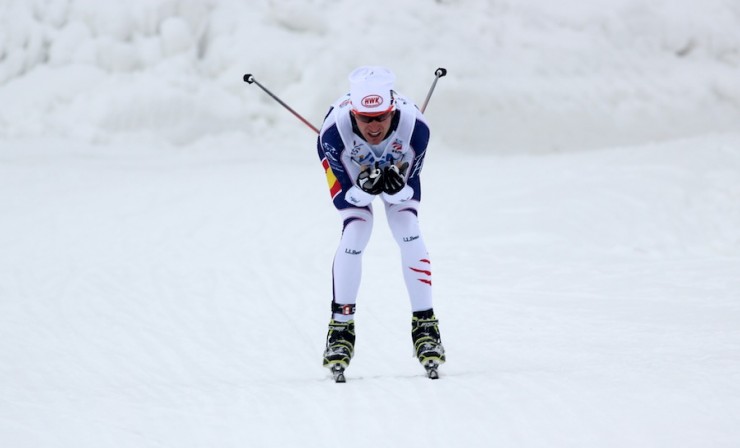 Sylvan Ellefson (SSCV/Team HomeGrown) gaining some speed with 1 1/2 laps remaining out of six in the men's 30 k freestyle mass start at 2014 U.S. Cross Country Championships at Soldier Hollow in Midway, Utah. Ellefson won by 2.8 seconds for his first national title.