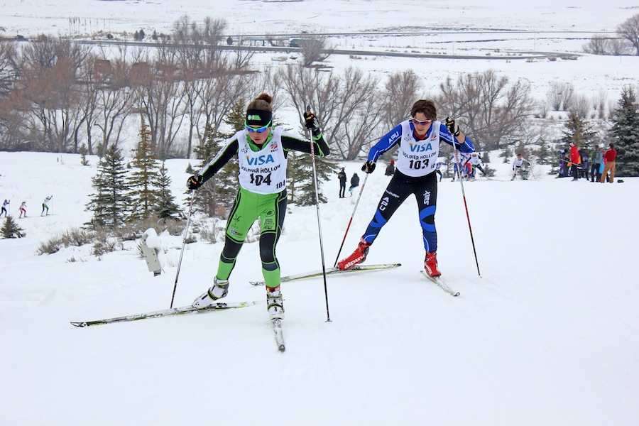 Caitlin Patterson (Craftsbury GRP) and Kate Fitzgerald (APU) work together in the 20 k freestyle mass start at the 2014 U.S. Cross Country Championships.