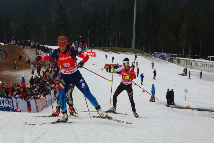 Megan Imrie skiing with Olga Zaitseva of Russia in the pursuit.
